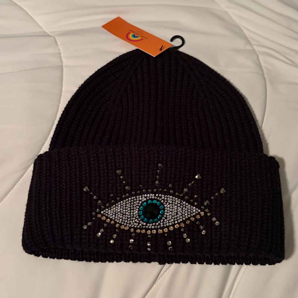 Kurt Geiger Black Beanie with Eye Embellishment